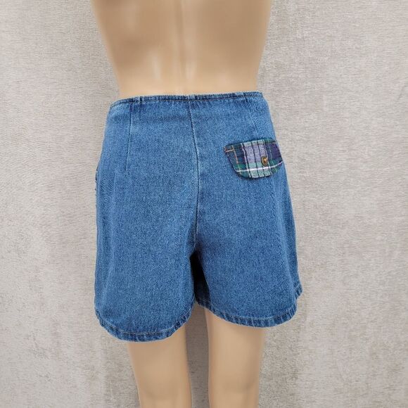 Not Guilty Vintage 90s Denim and Green Plaid Mini Skort Shorts + Skirt Grunge - Picture 5 of 13